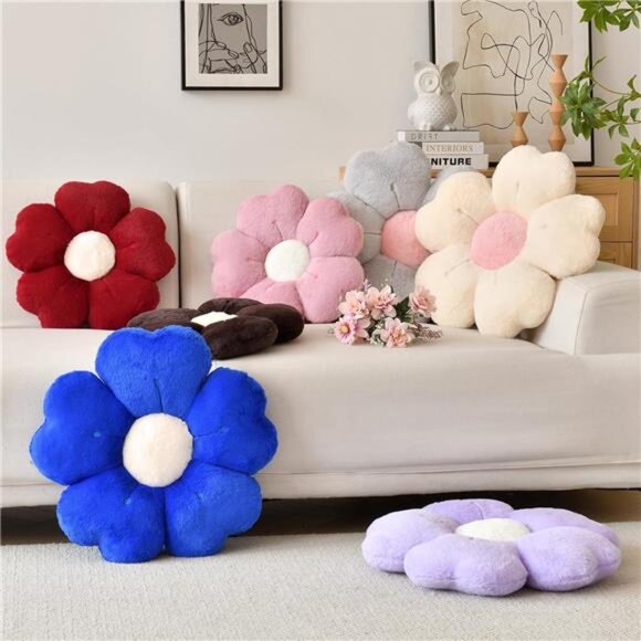 Flower Shaped Pillow, Cute Decorative Throw Pillow with Soft Artificial Fur - Picture 2 of 7